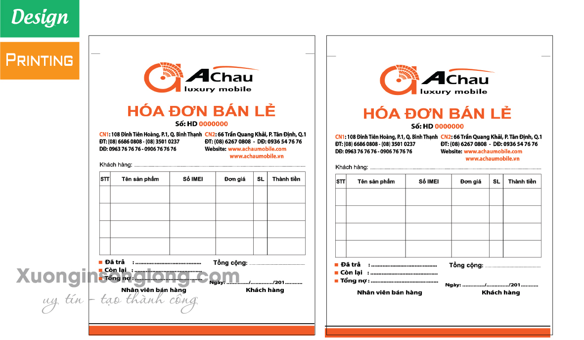 HÓA ĐƠN BÁN LẺ ĐIỆN THOẠI Á CHÂU