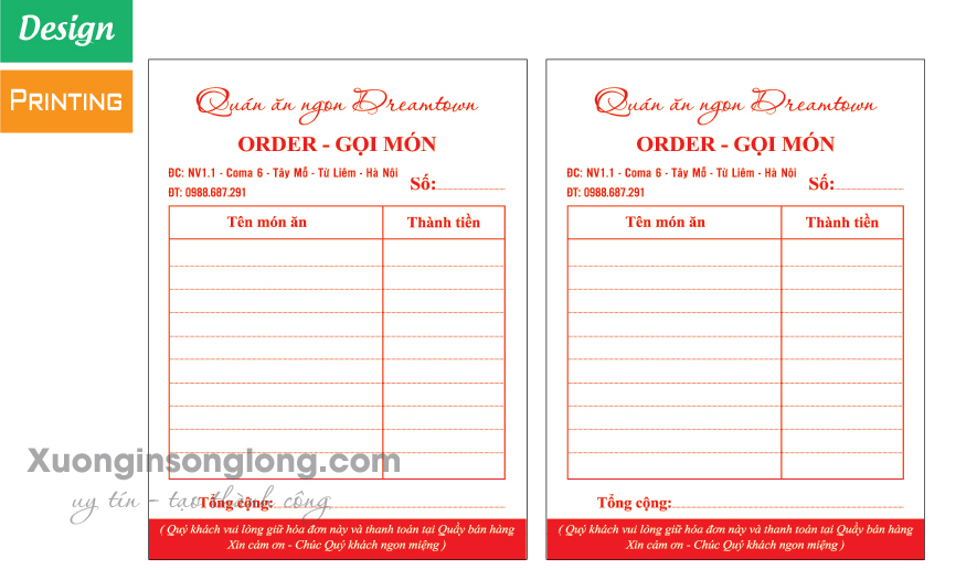 MẪU ORDER GỌI MÓN ĂN