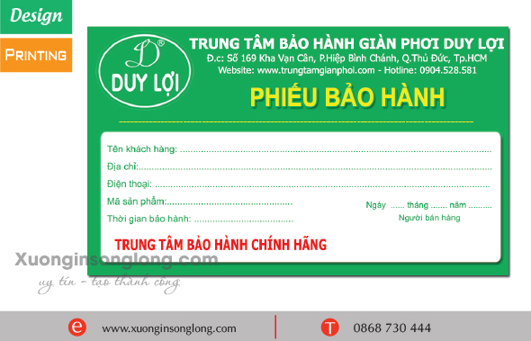 IN PHIẾU BẢO HÀNH CÔNG TY VÕNG XẾP DUY LỢI